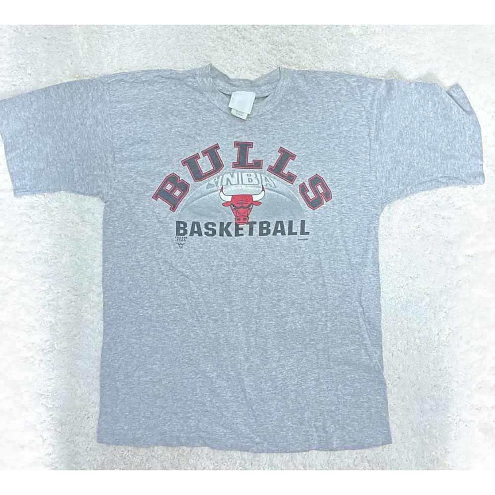 Vintage Chicago Bulls Logo Spellout Heather Gray Teens T Shirt XL Single Stich